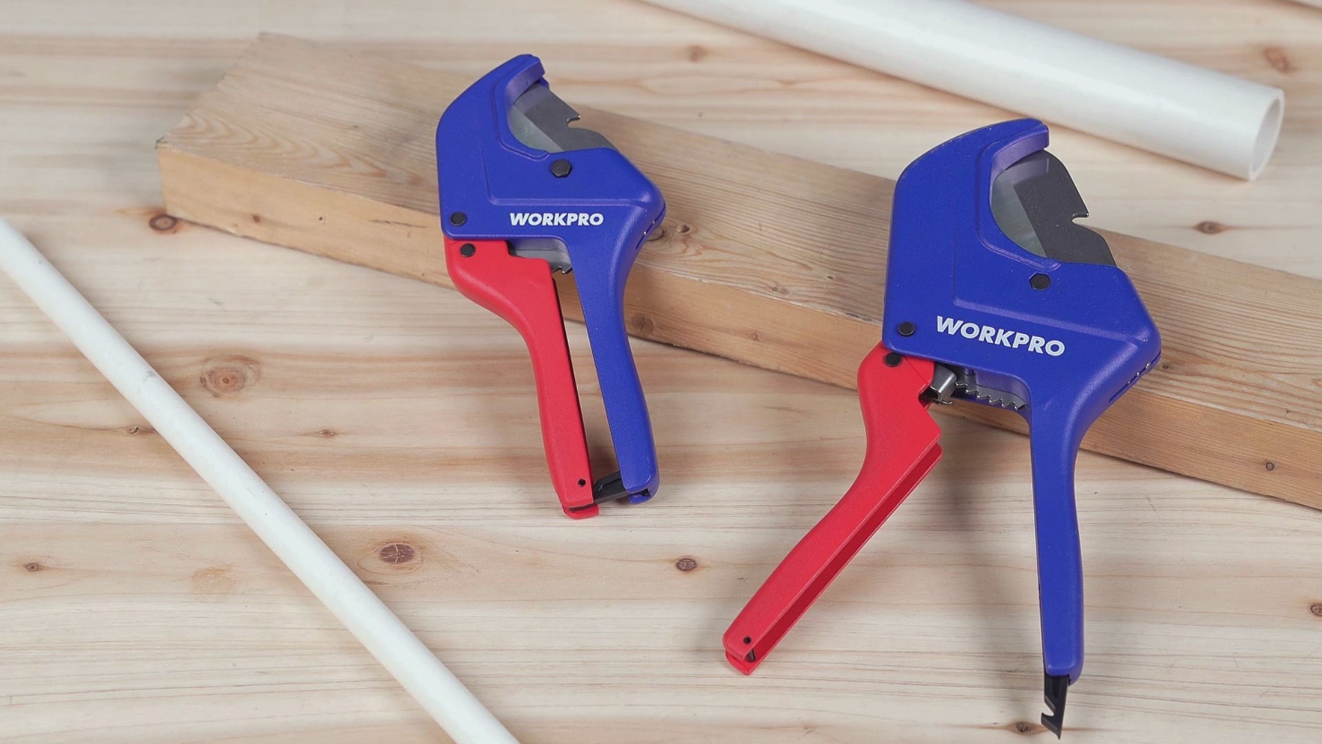 Load video: WORKPRO Ratchet PVC Pipe Cutter Tool, Cuts up to 1-5/8" PEX