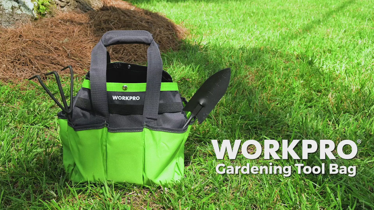 Load video: WORKPRO Garden Tool Bag, Garden Tote Storage Bag with 8 Pockets, Home Organizer for Indoor and Outdoor Gardening, Green