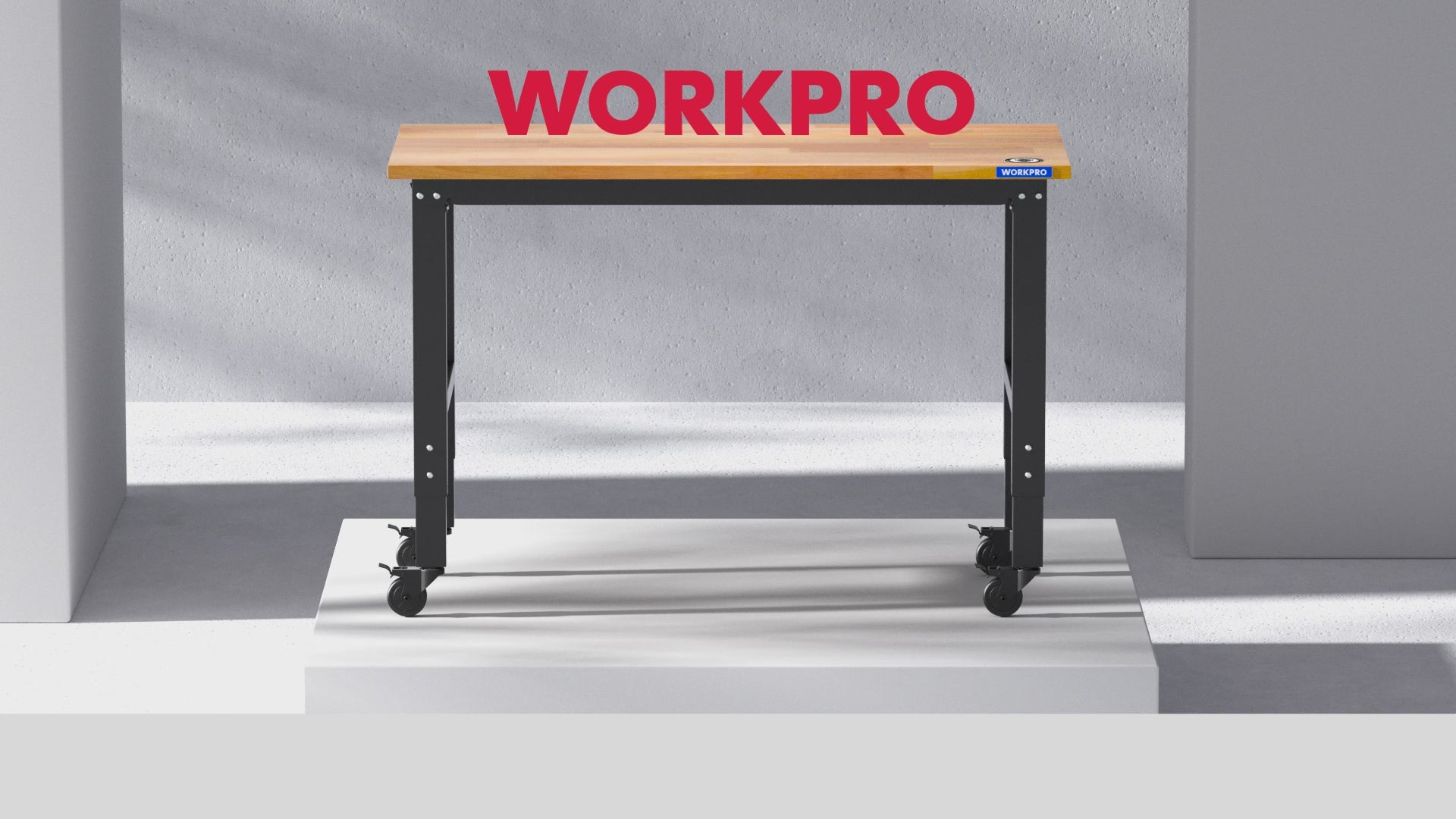 Load video: WORKPRO 48"X22" Adjustable Heavy-Duty Rubber Wood Top Workbench with Casters and Power Outlets, 1000 LBS Stationary Load Capacity