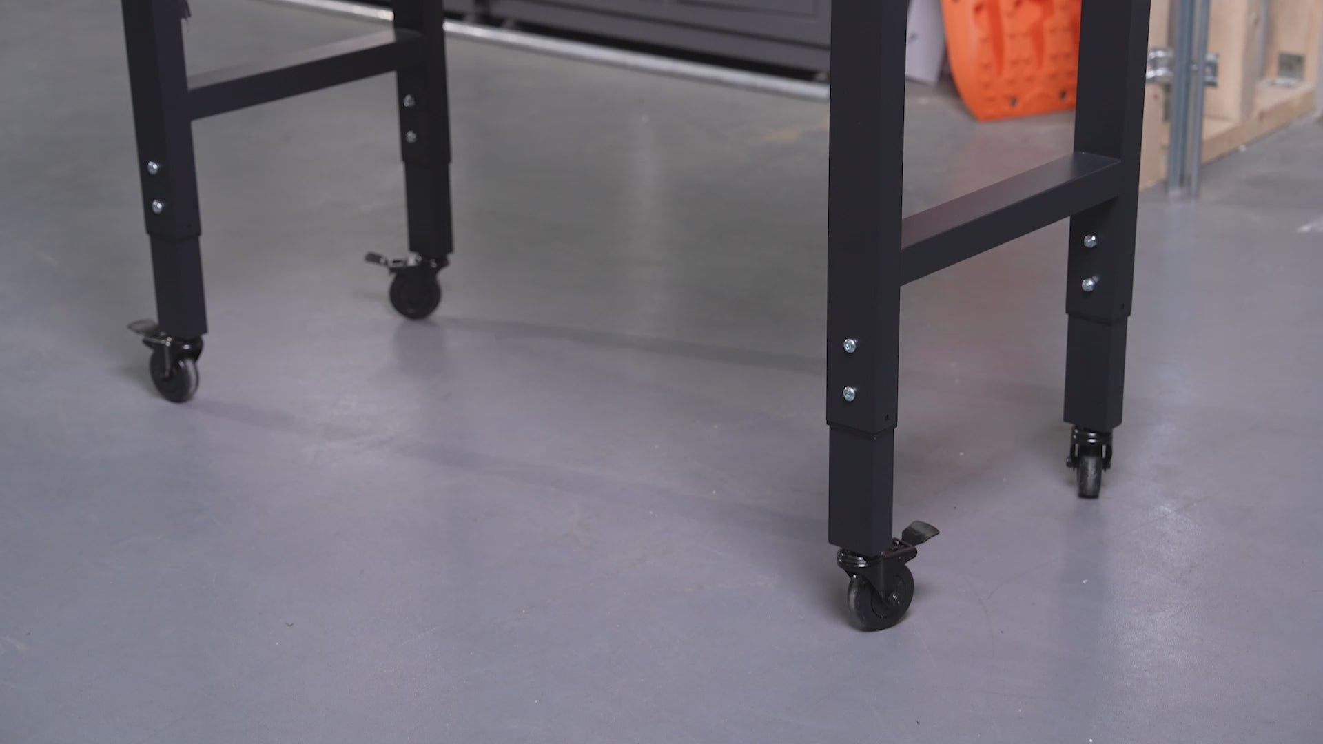Load video: WORKPRO 48"X22" Adjustable Heavy-Duty Rubber Wood Top Workbench with Casters and Power Outlets, 1000 LBS Stationary Load Capacity