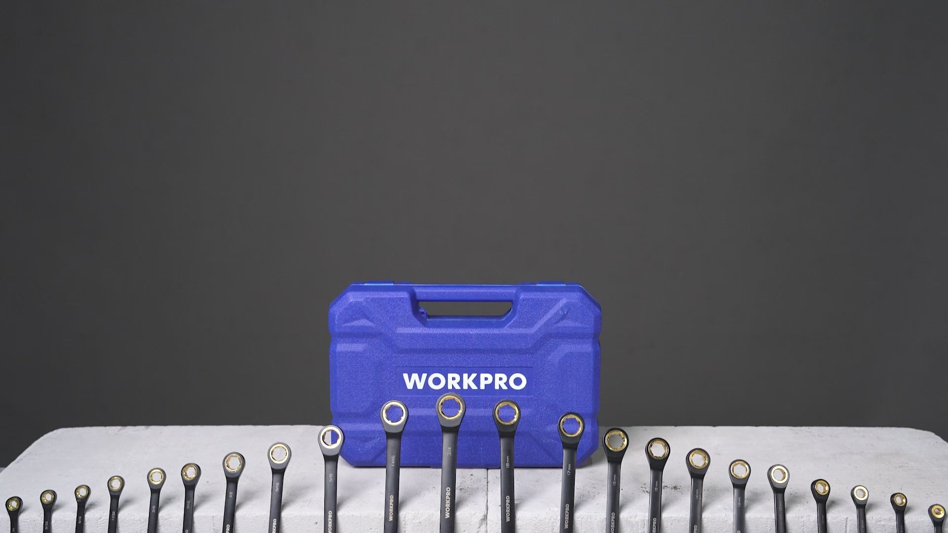 Load video: WORKPRO 22-piece Regular Ratcheting Wrench Set Anti-Slip Tooth with Organizer Box, Metric 6-18mm &amp; SAE 1/4-3/4"