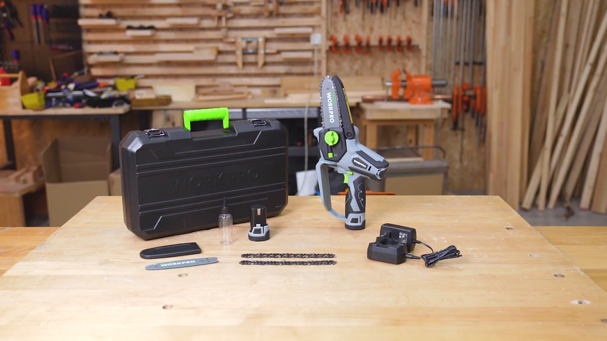 Load video: WORKPRO Mini Chainsaw, 6.3" Cordless Electric Compact Chain Saw with 2 Batteries, Replacement Guide Bar and Chain