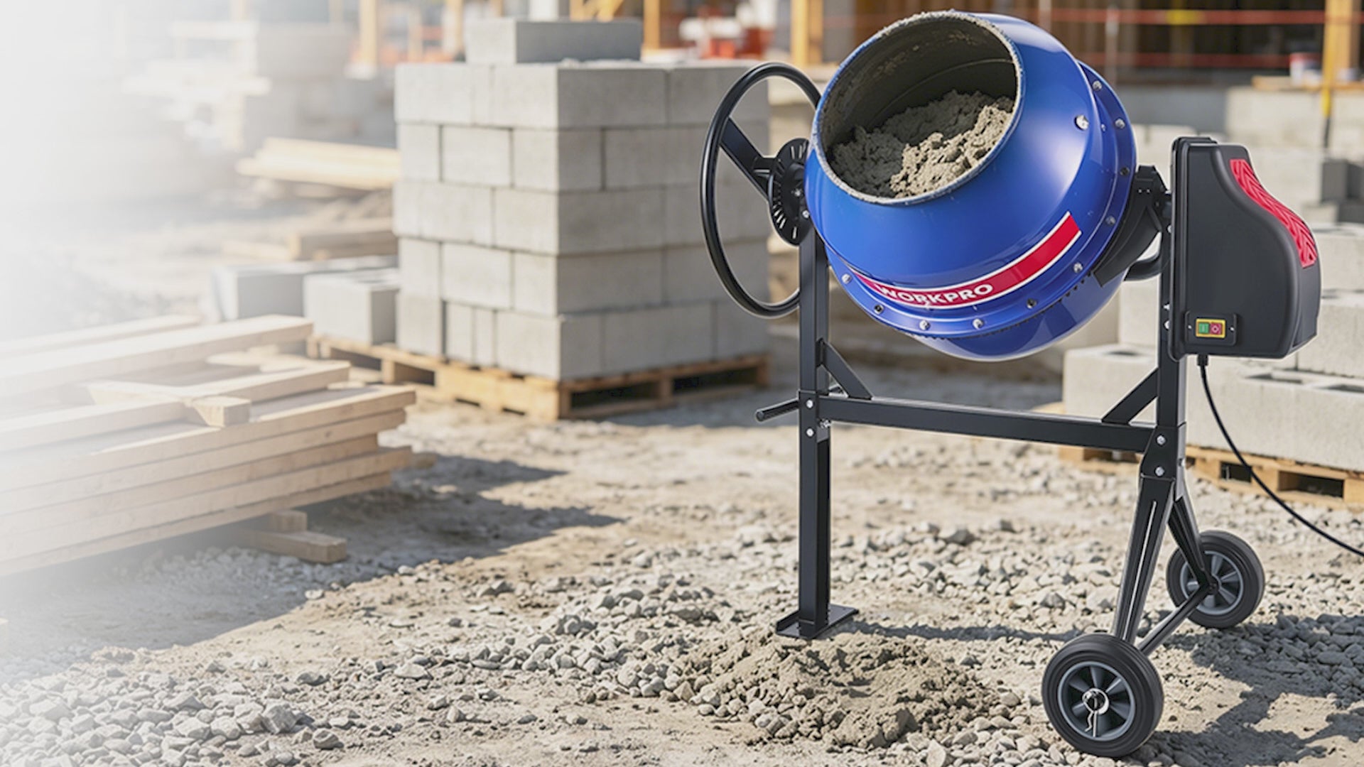 Load video: WORKPRO 4.6 Cu.Ft. Electric Cement Mixer, 600W 0.8HP Portable Concrete Mixer with Wheels &amp; Stand Steel for Stucco, Mortar &amp; Seeds