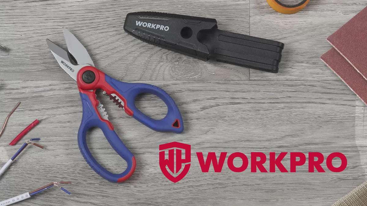 Load video: WORKPRO Stainless Electricians Scissors, 6.4" Electrician Shears