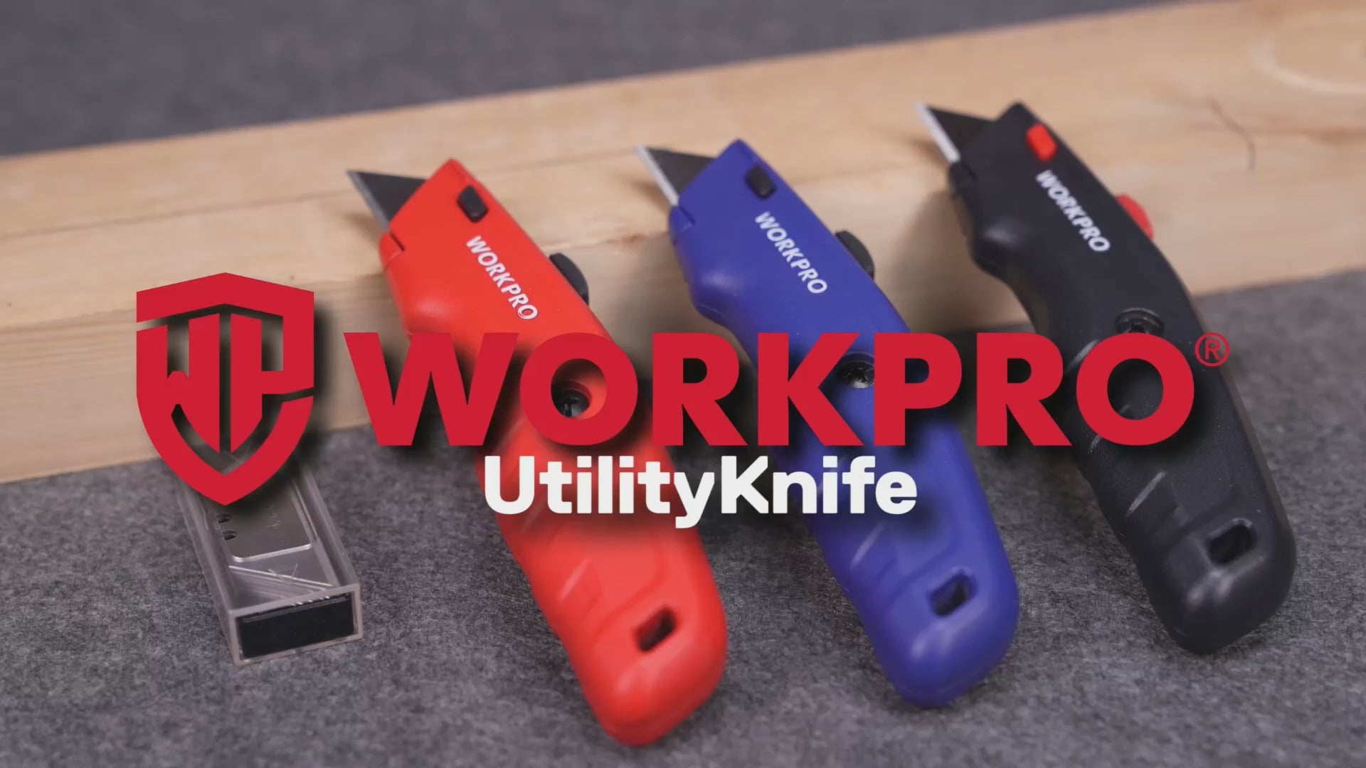 Load video: WORKPRO Premium Utility Knife, Retractable All Metal Heavy Duty Box Cutter, Quick Change Blade Razor Knife, with 10 Extra Blades, Set of 3 (Black, Red, Blue)