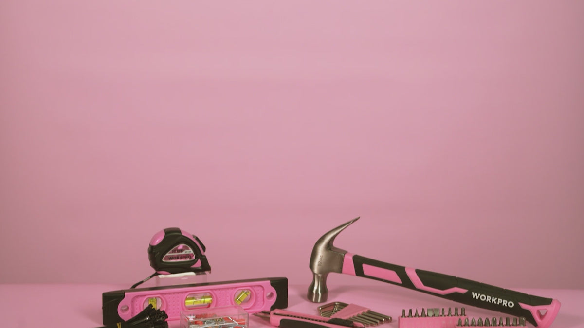 Load video: WORKPRO 263 Pcs Pink Tool Set with Wide Mouth Open Storage Bag - Pink Ribbon