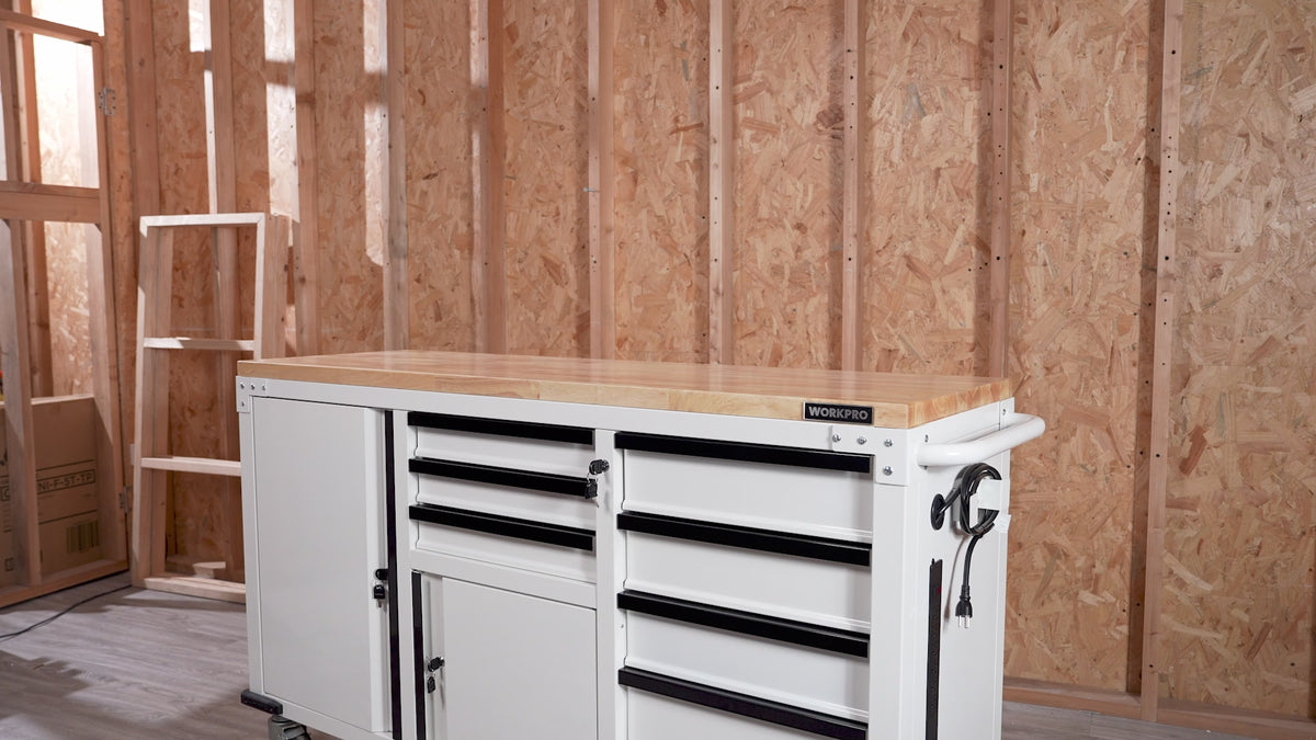 Load video: WORKPRO 62" x 20" 7-Drawer &amp; 2-Door Rolling Tool Storage Cabinet with Power Strip, Locking System - 1000 lbs Capacity