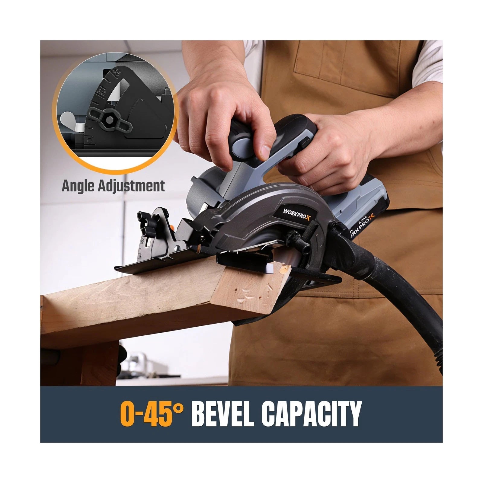 Cordless circular saw with adjustable bevel angle and angle adjustment lever