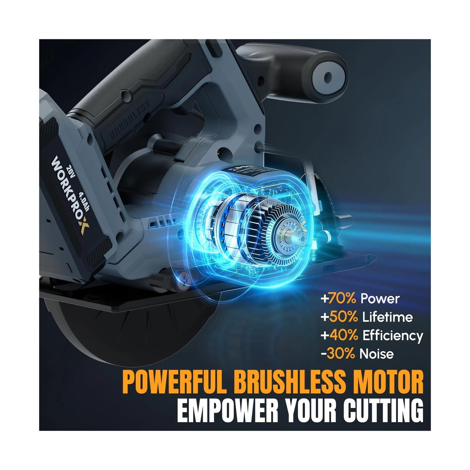 Brushless circular saw showing glowing internal motor components