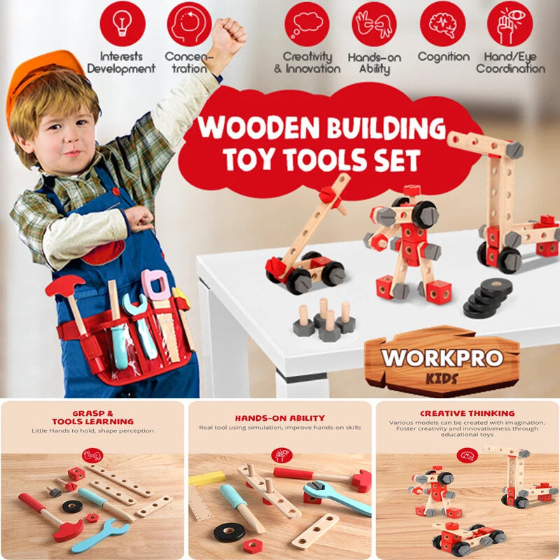 WORKPRO wooden building toy tool kit set in natural wood with 43 pieces, innovation and quality for toddlers age 3