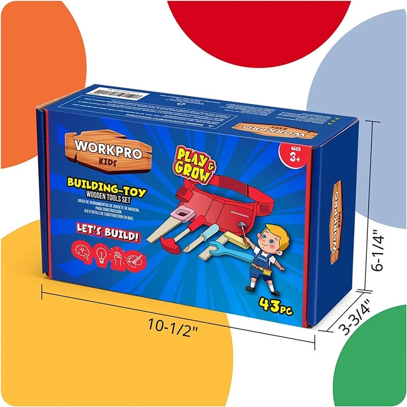 WORKPRO 43 pcs wooden building toy tool kit in blue with high-quality wood construction for toddlers age 3