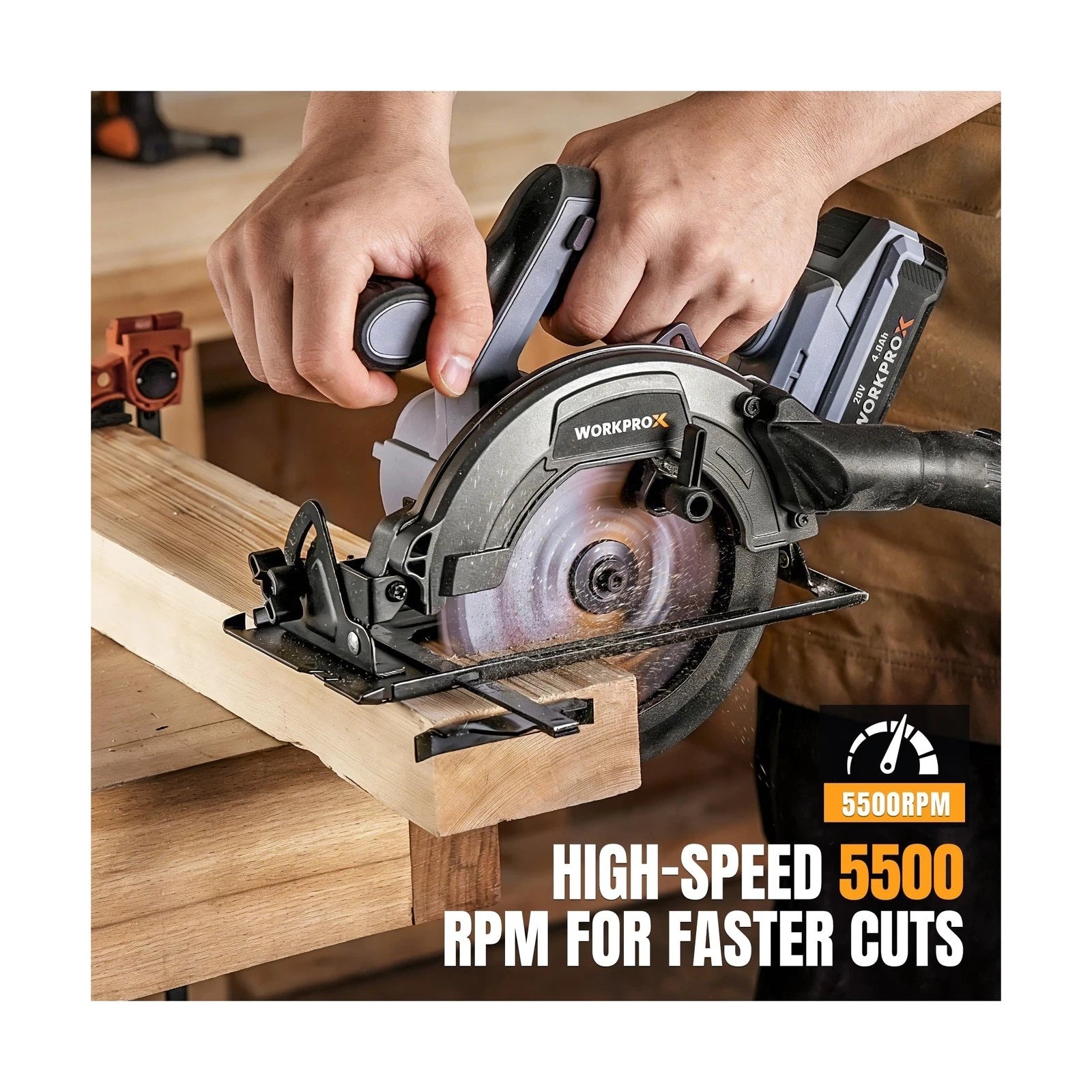 Cordless circular saw cutting wood with front blade guard and base plate
