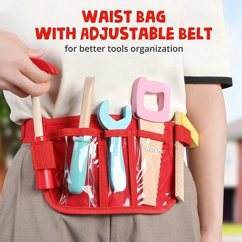 WORKPRO 43 Pcs Wooden Building Toy Tool Kit with red waist bag and adjustable belt for toddlers 3