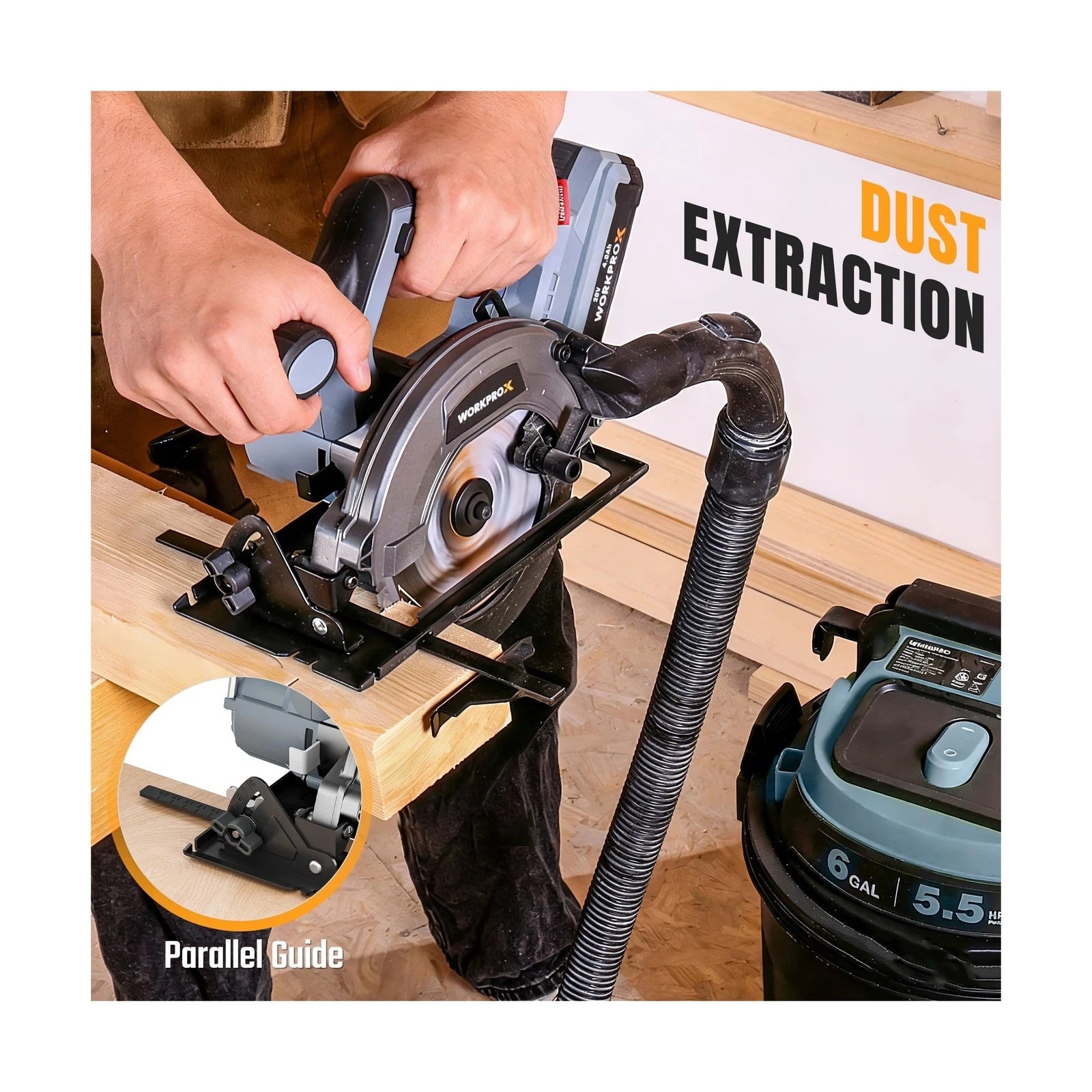 Cordless circular saw with dust extraction port and attached vacuum hose