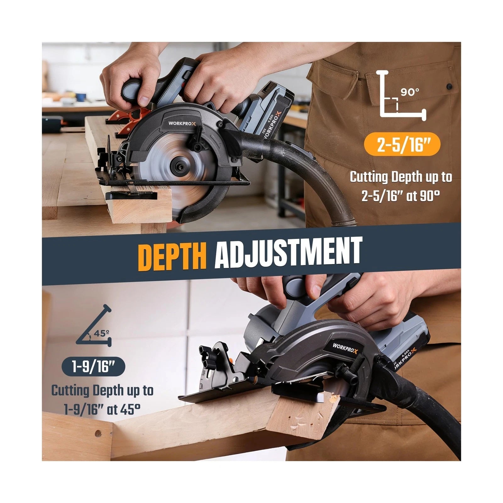 Cordless circular saw with depth adjustment and angled cutting settings