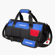 Black and blue WORKPRO tool storage bag with padded handle, front pockets, shoulder strap