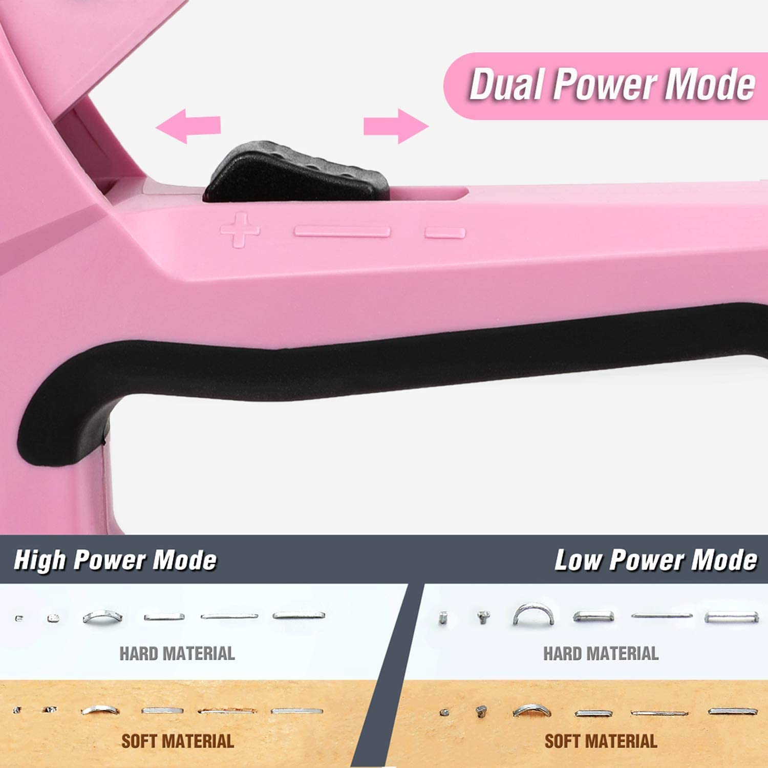Pink manual brad stapler with dual power mode area and black comfort handle