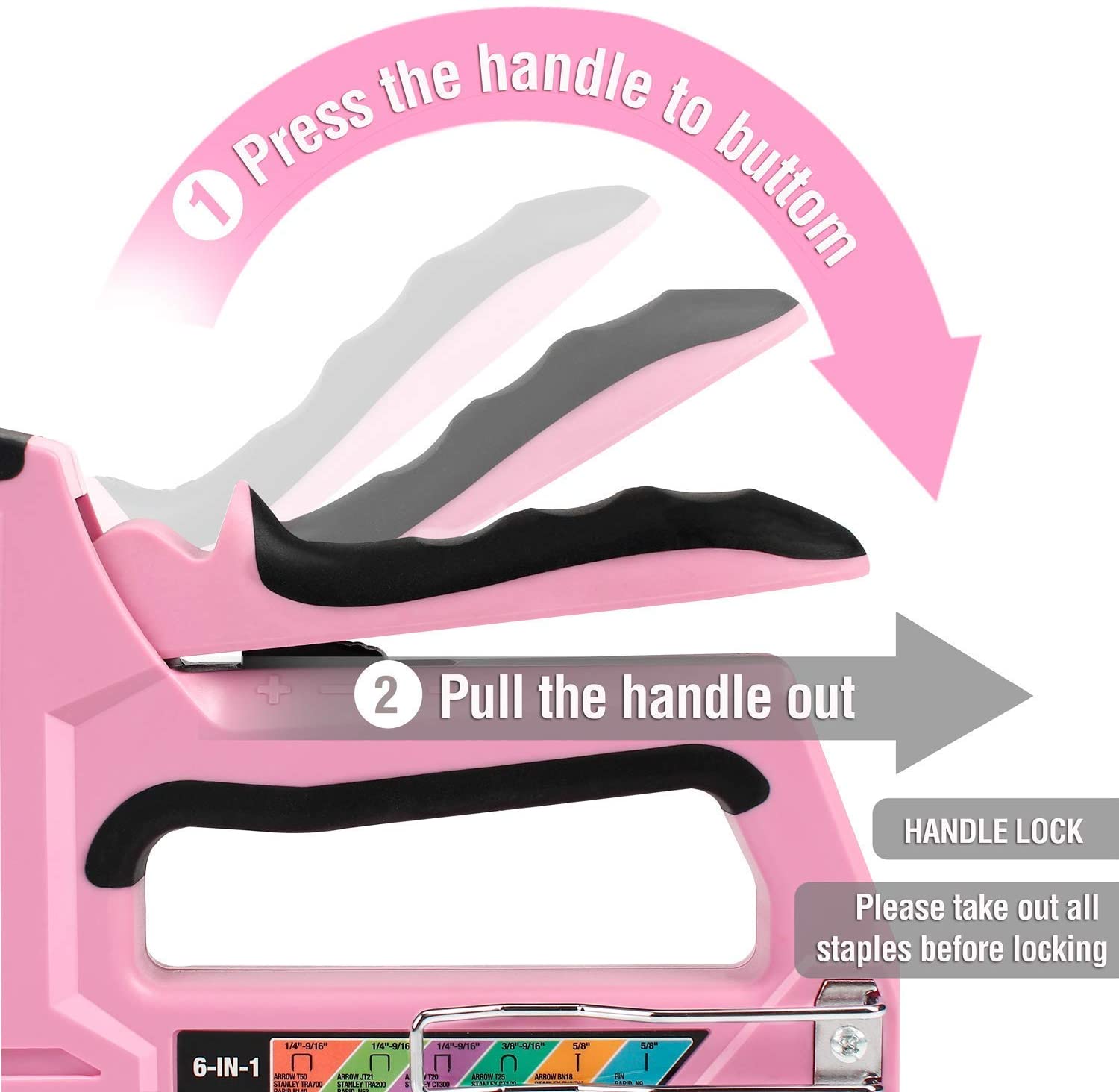 Pink manual brad stapler with handle release steps and handle-lock area