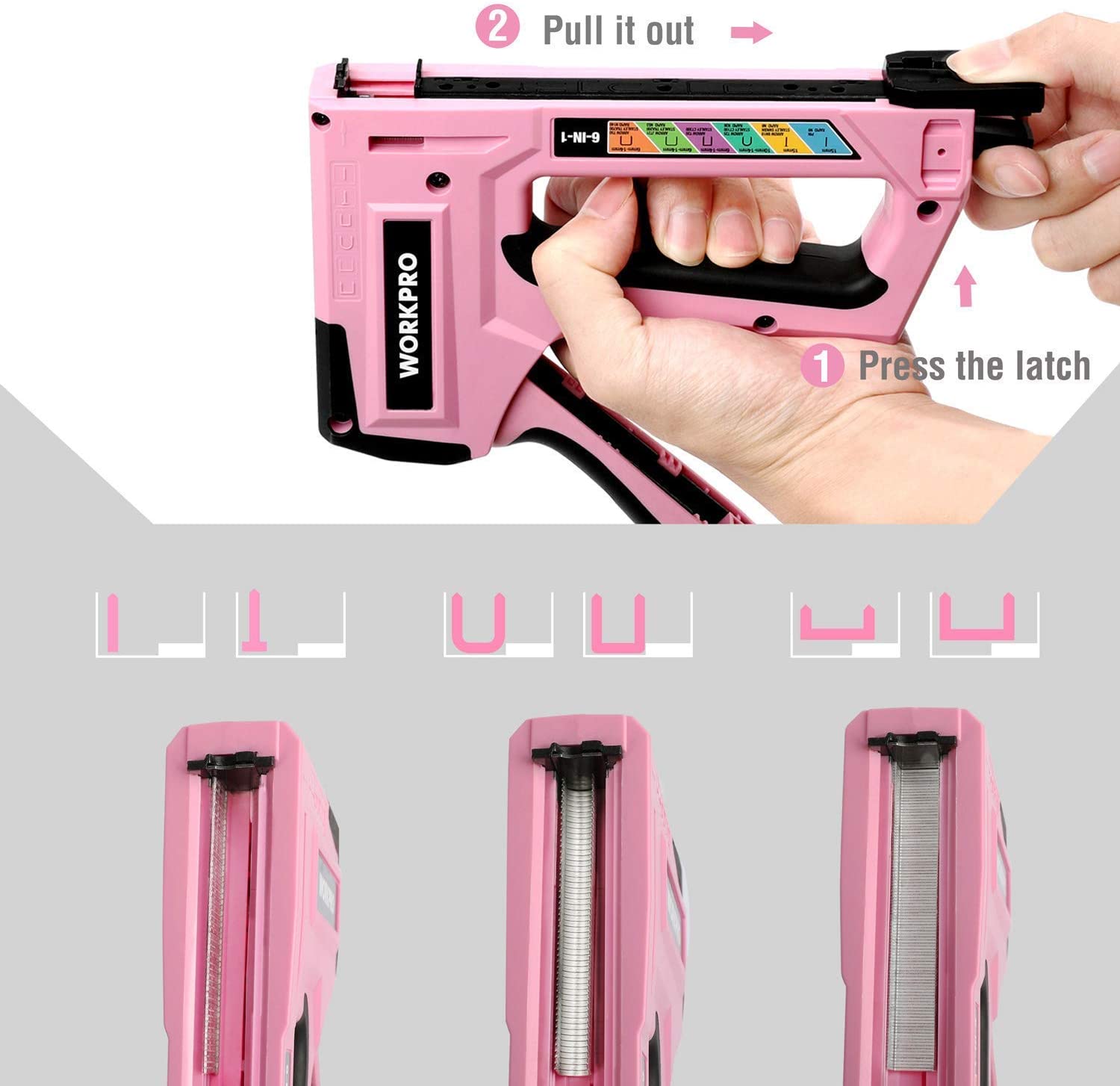 Pink brad stapler with latch release and open loading window for staples/brads