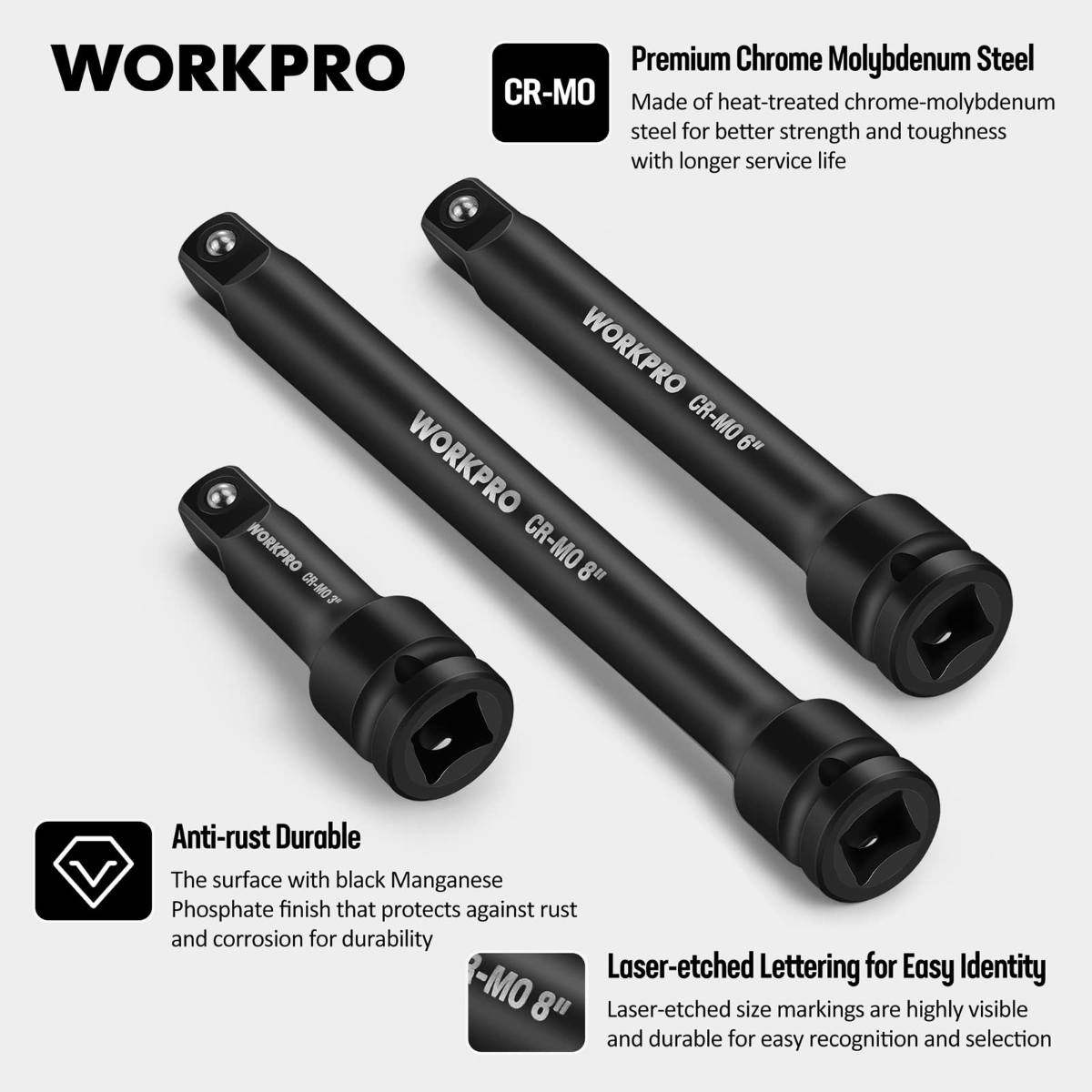Three black impact socket extension bars with square drive ends