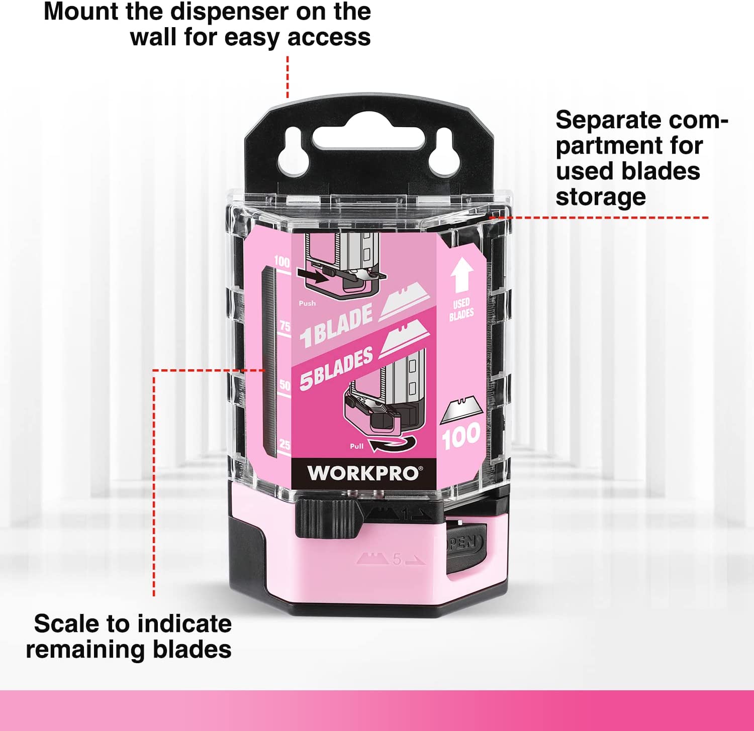 Pink utility knife blade dispenser with clear front and black blade holder, 100-pack set