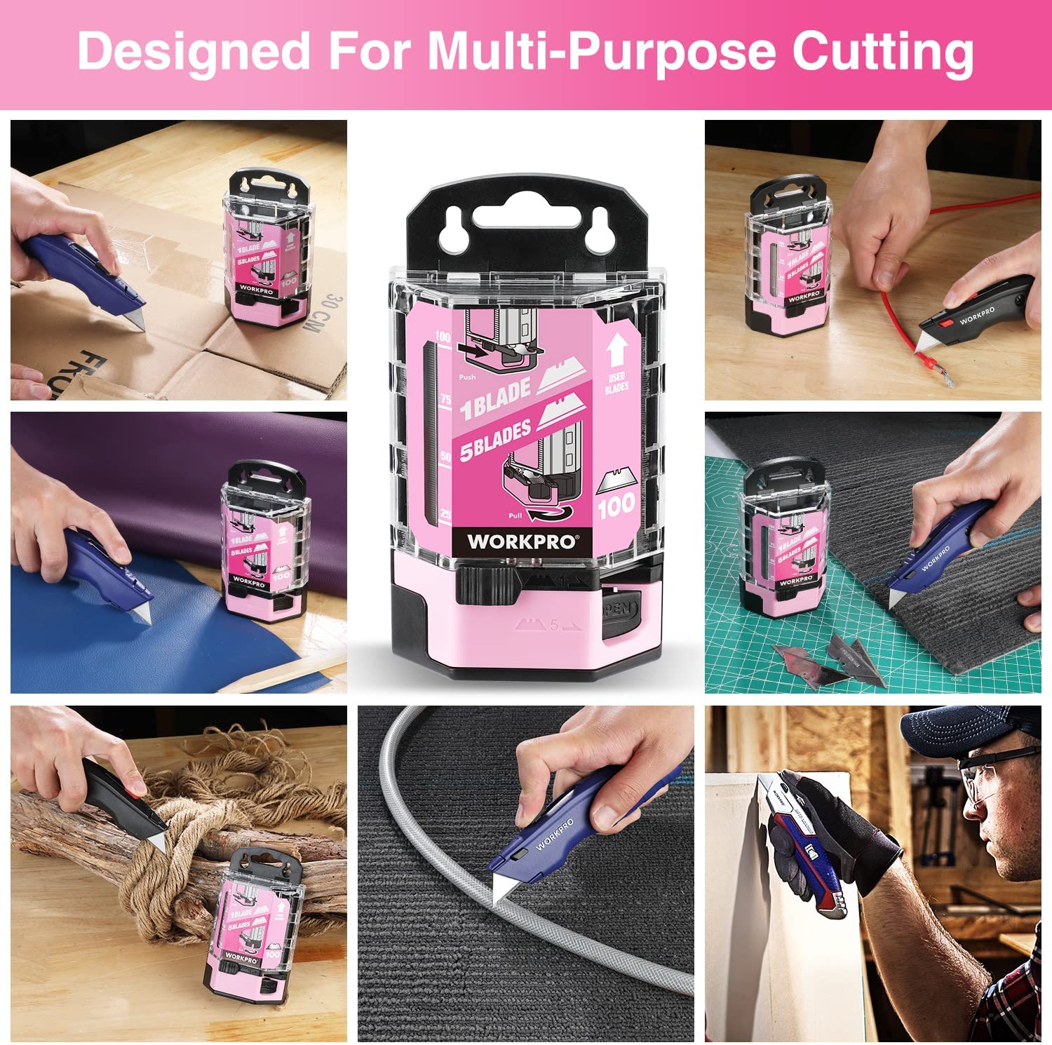 Pink utility knife blade dispenser with clear front, shown for multipurpose cutting