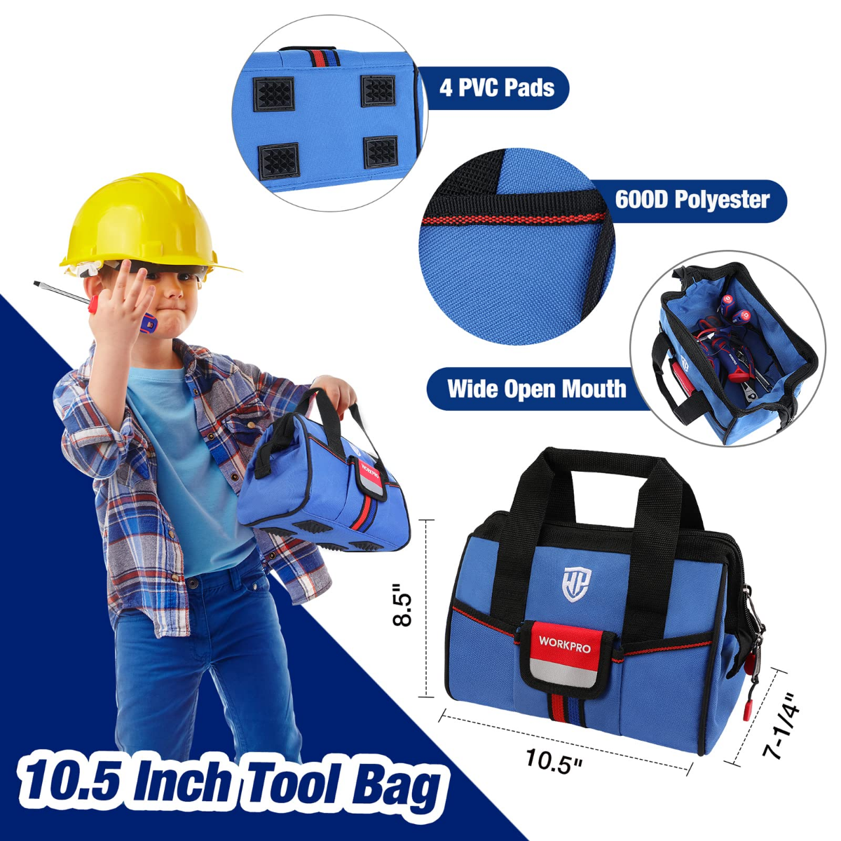 Blue kids tool bag with wide open mouth design and four PVC pads detail