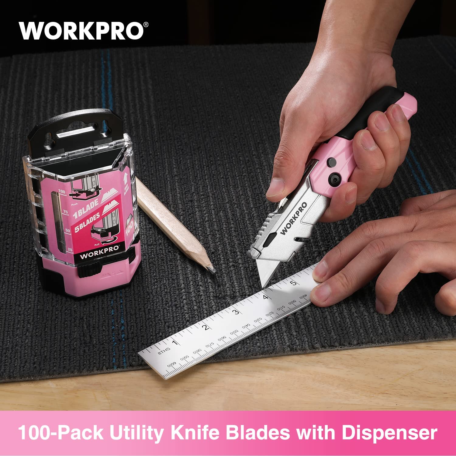 Pink utility knife blade with dispenser, shown cutting material with a blade and ruler