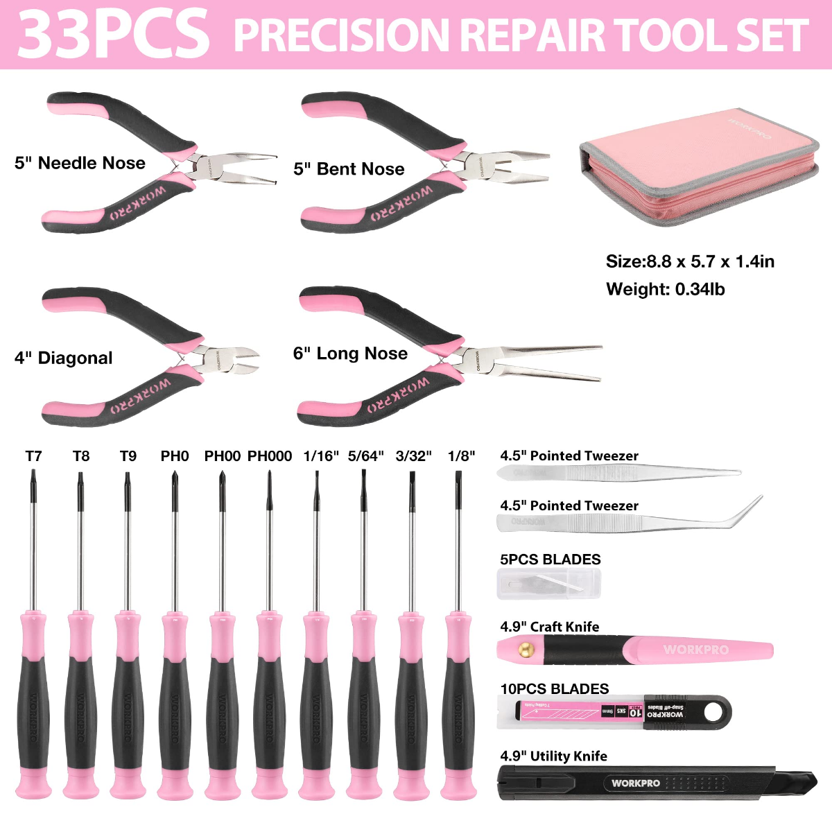 Pink precision repair tool set with tweezers, knives, blades, and a pink zip case