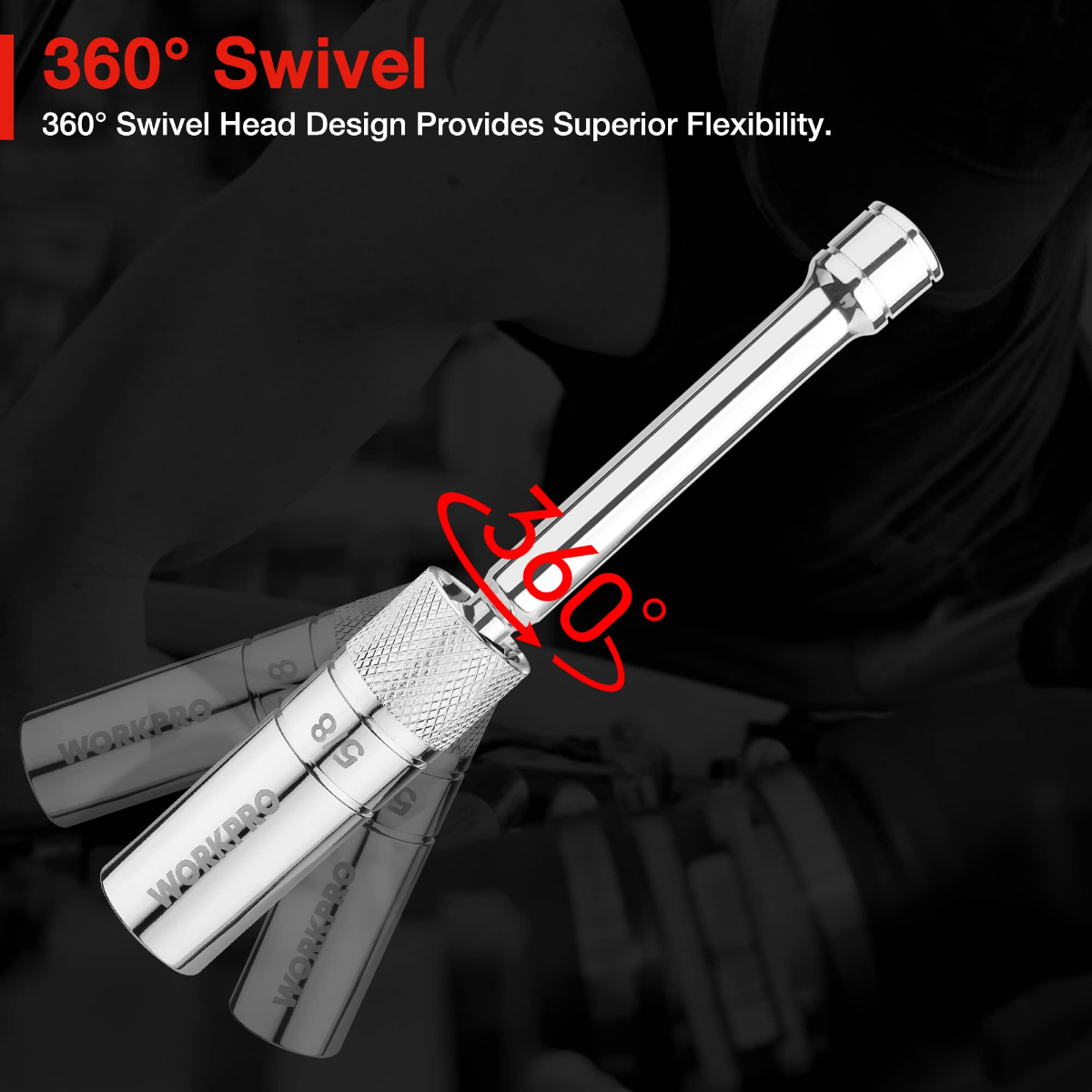 360-degree swivel spark plug socket with knurled grip on a chrome extension bar.