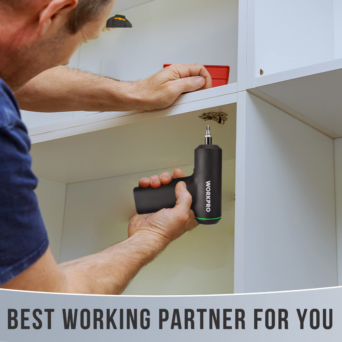 Cordless electric screwdriver, black handle with USB charging port, held in hand