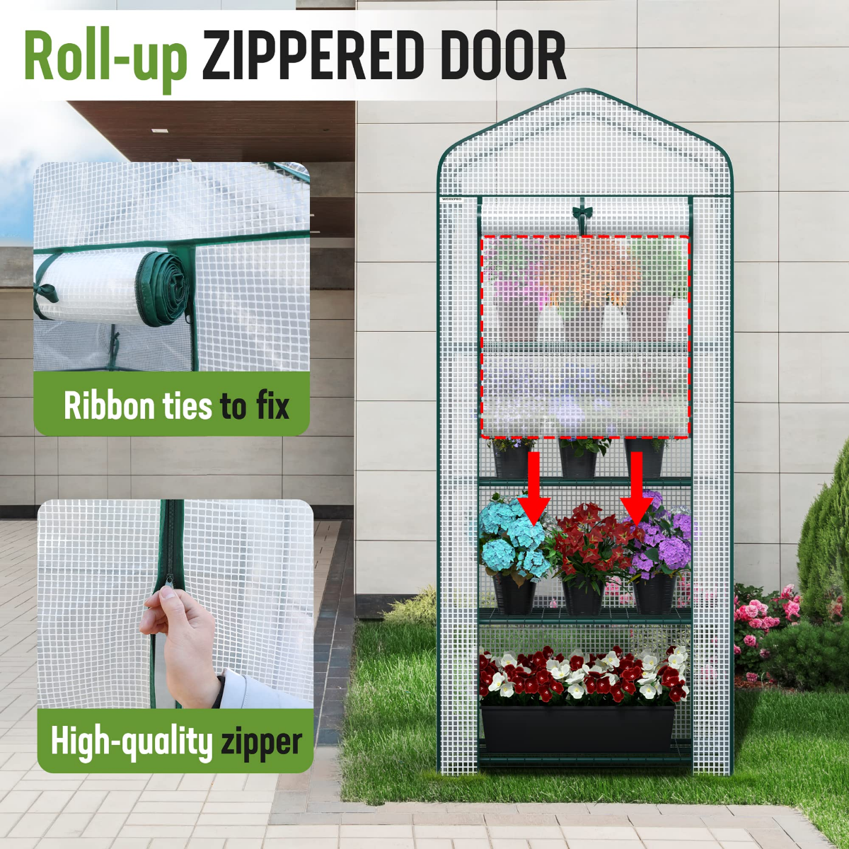 White mesh mini greenhouse with roll-up zippered door and ribbon ties