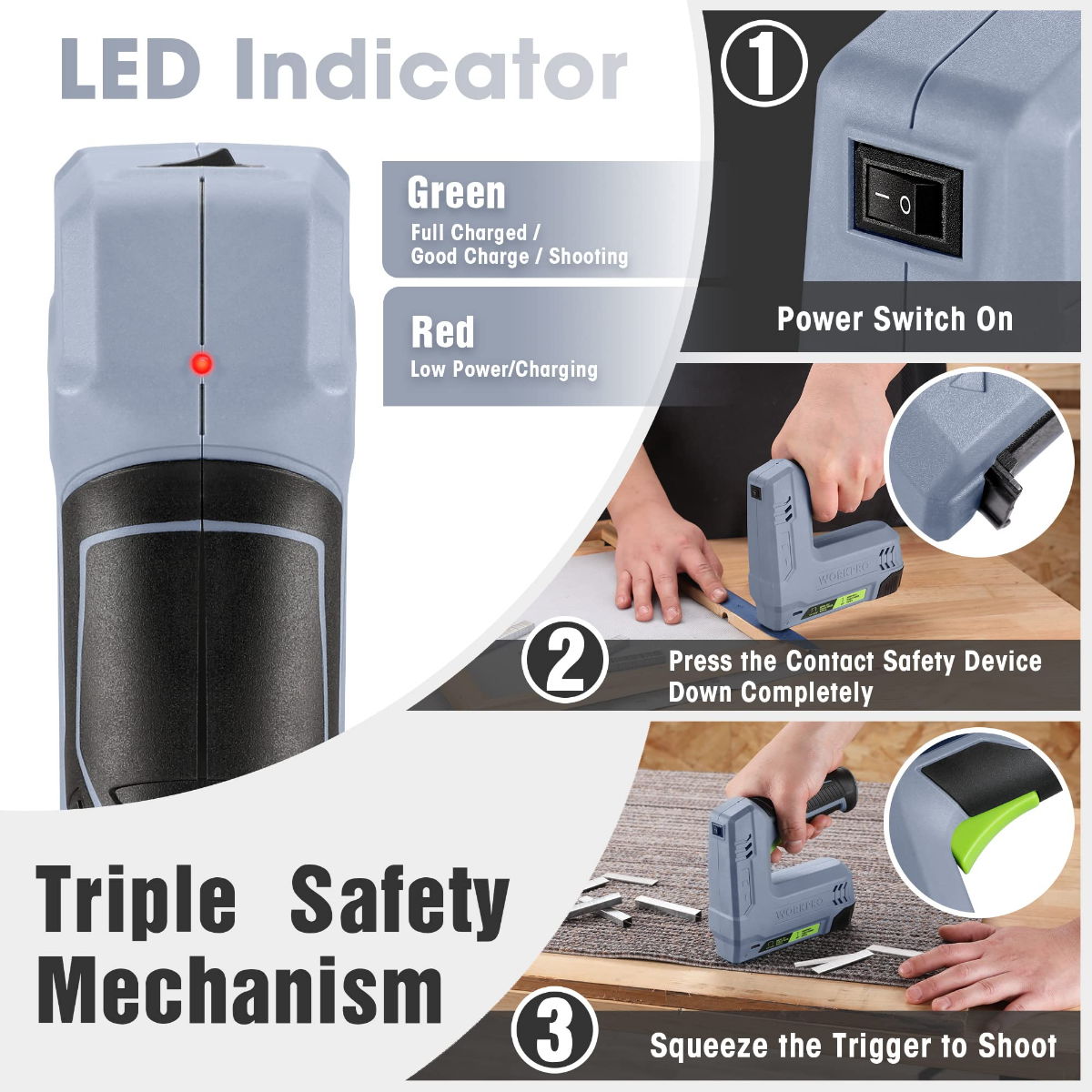 Gray cordless 2-in-1 staple and nail gun with LED indicator and power switch on.