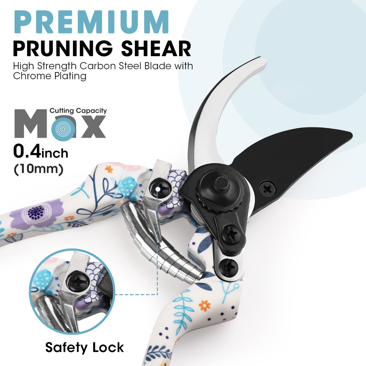 Floral pruning shears with safety lock, black blade and silver cutting head, patterned handle