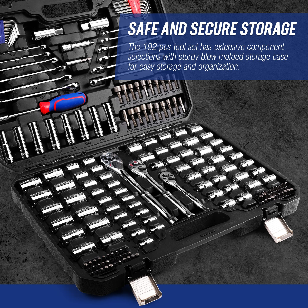 Open socket and wrench set in black case with neatly arranged tools and bit compartments