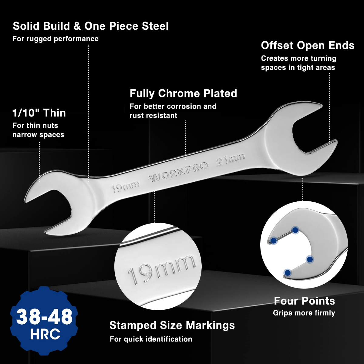 Chrome metric open-end wrench with stamped size markings and offset jaw profile