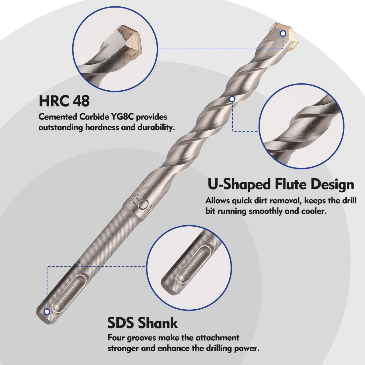 SDS shank U-shaped flute carbide rotary hammer bit, silver steel