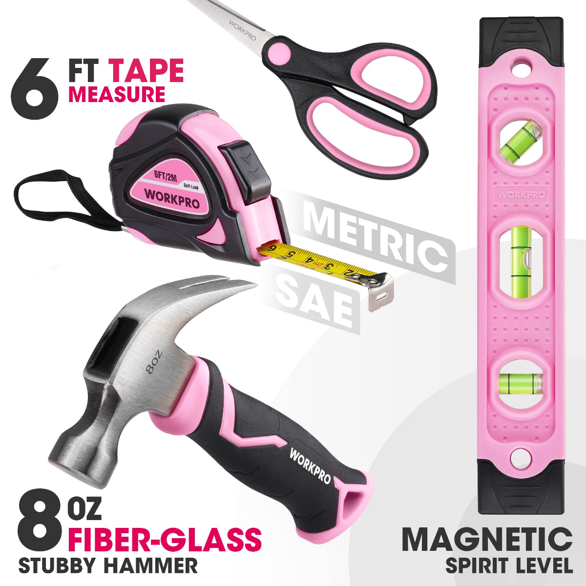 Tool accessories set with tape measure, stubby hammer, level, and measuring parts