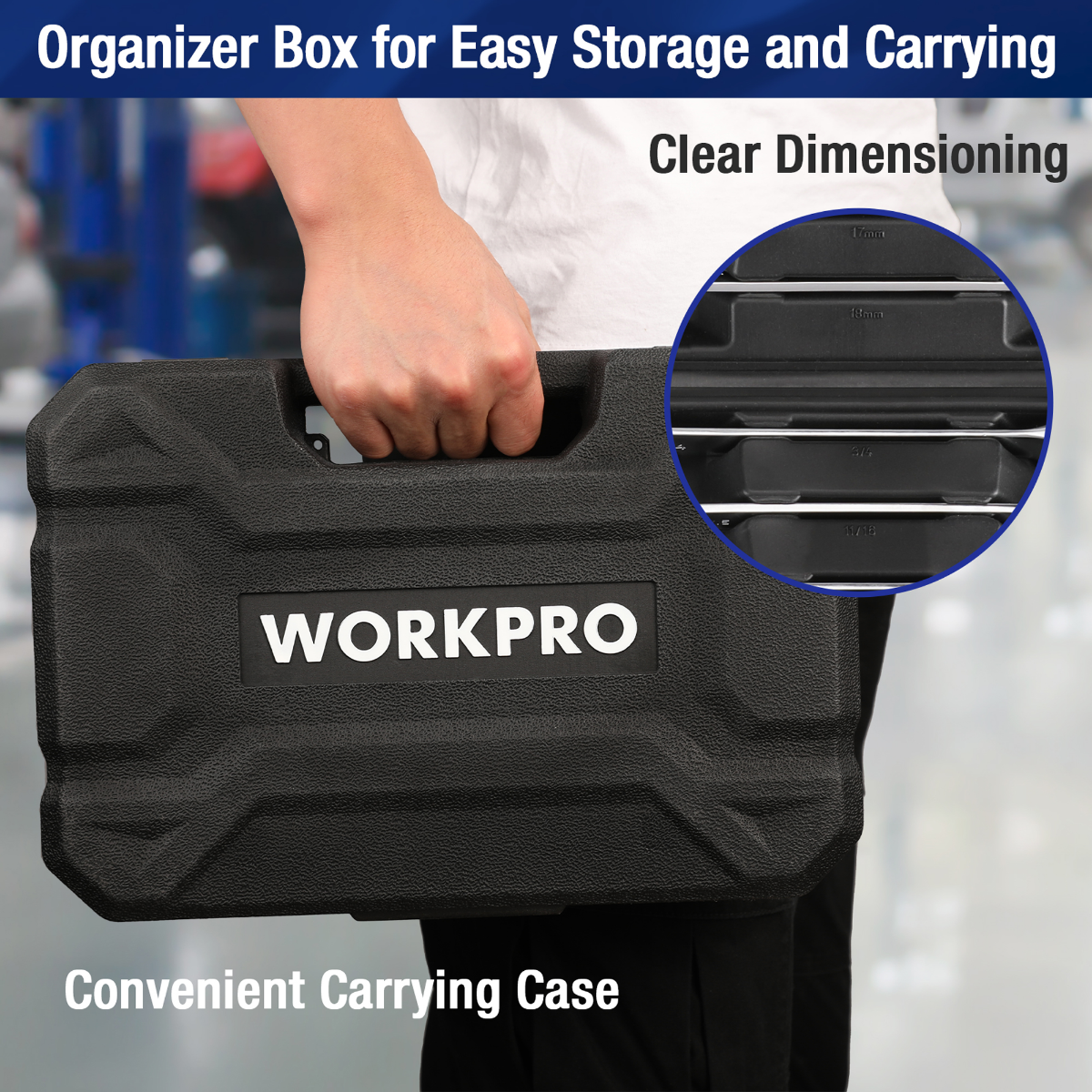 Ratcheting wrench set stored in black carrying case with WORKPRO logo