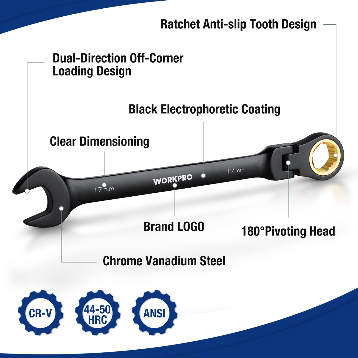 Black flex-head ratcheting combination wrench with 180° pivoting head and gold-ring jaw