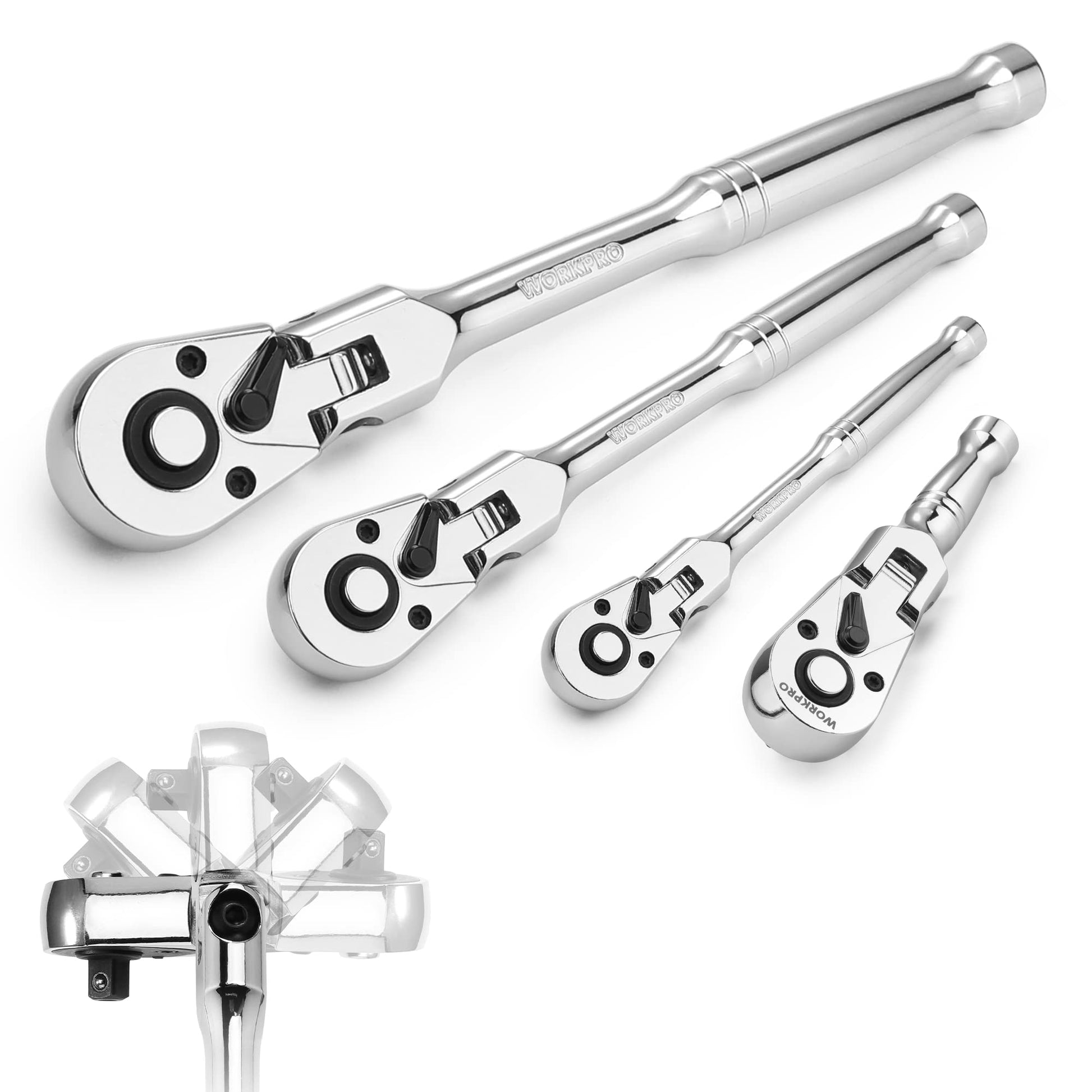 WORKPRO flex-head ratchet wrench set with multiple drives and included ratchets