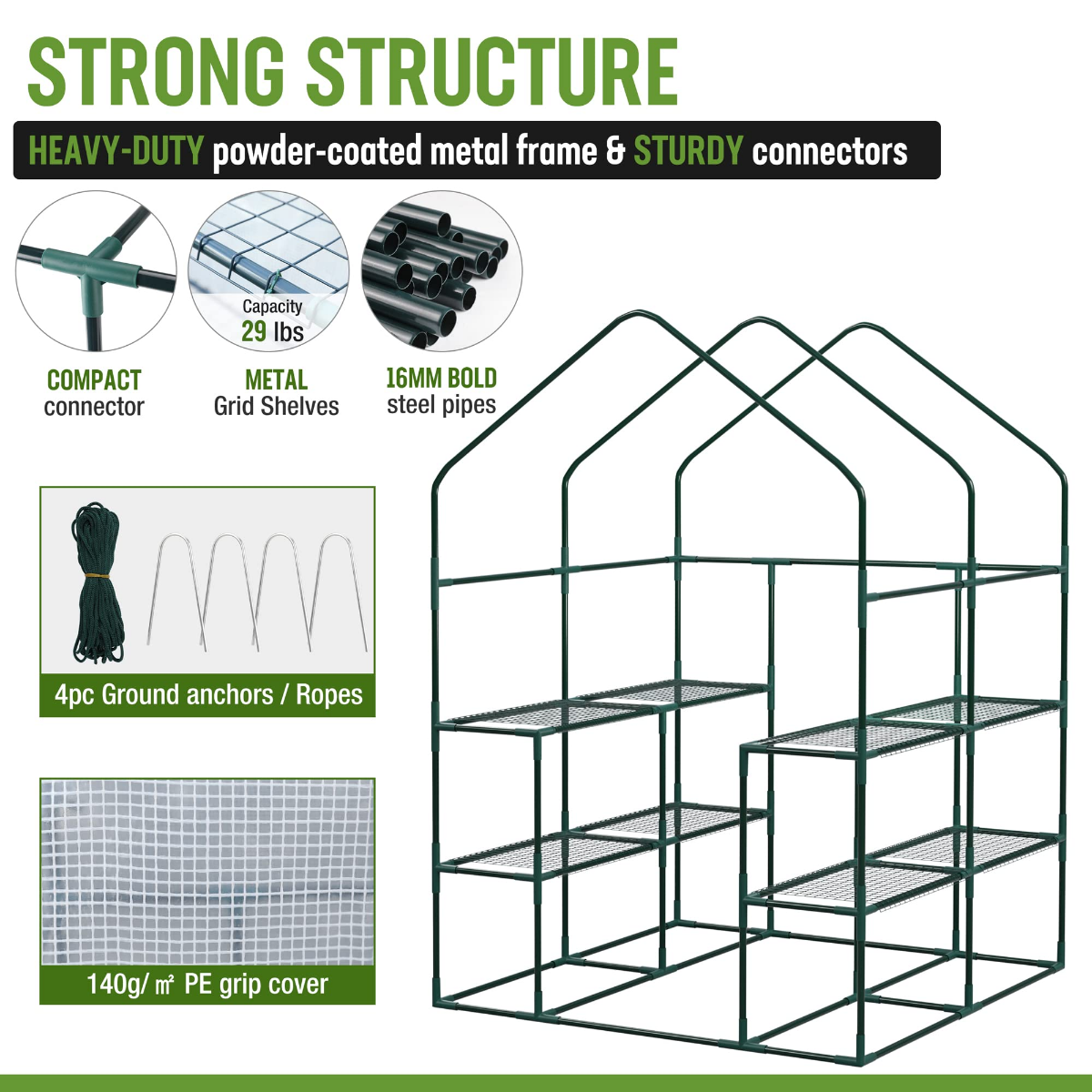 Portable walk-in greenhouse with green metal frame and three wire shelves, mesh cover