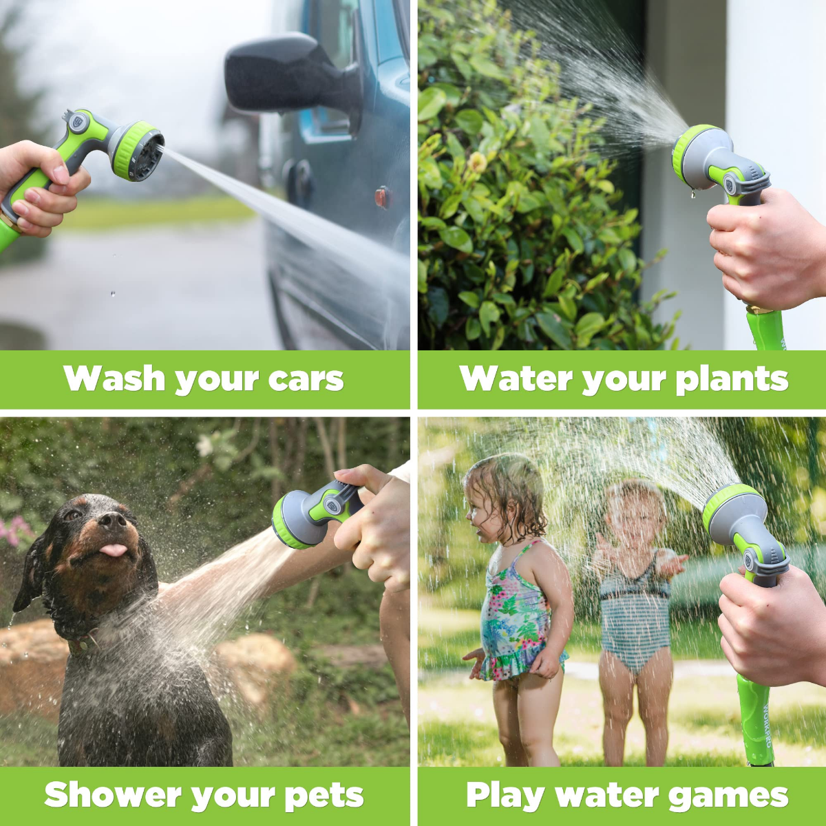 Green garden hose nozzle sprayer spraying water from a multi-pattern head