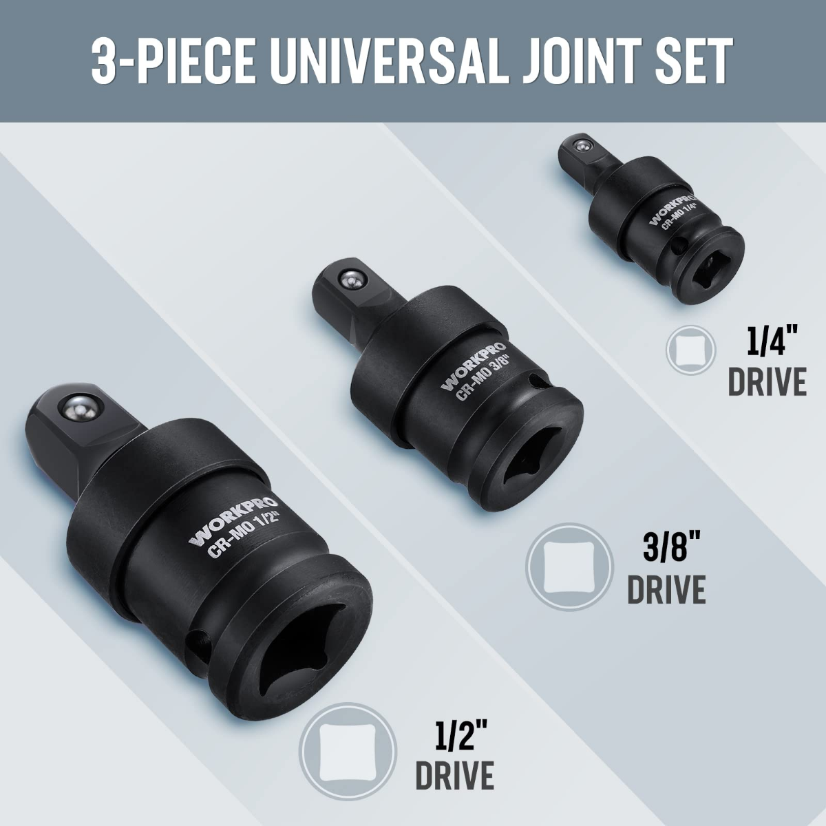 3-piece universal joint sockets, black swivels for 1/4, 3/8, 1/2 drive
