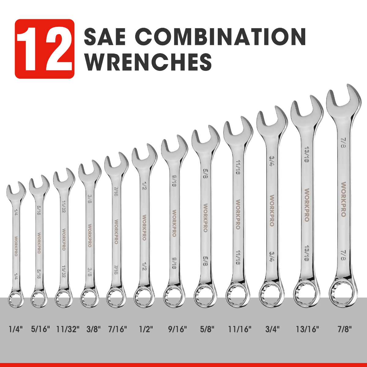 12-piece SAE combination wrench set, 1/4 to 7/8 inch sizes