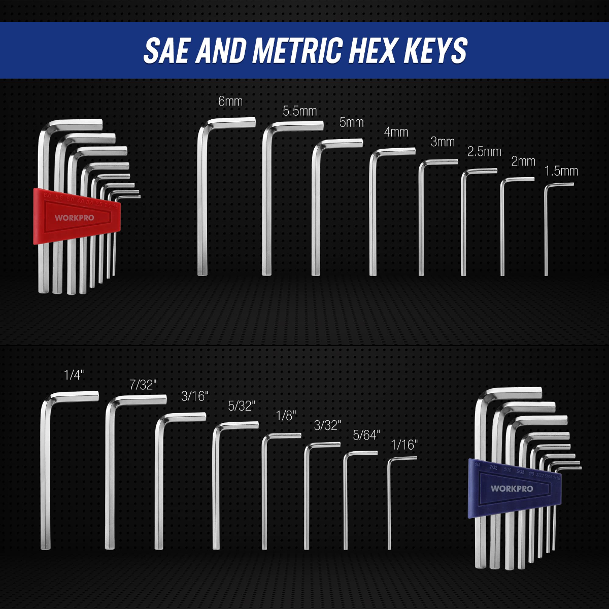 Hex key set with SAE and metric sizes shown in labeled grouping graphics