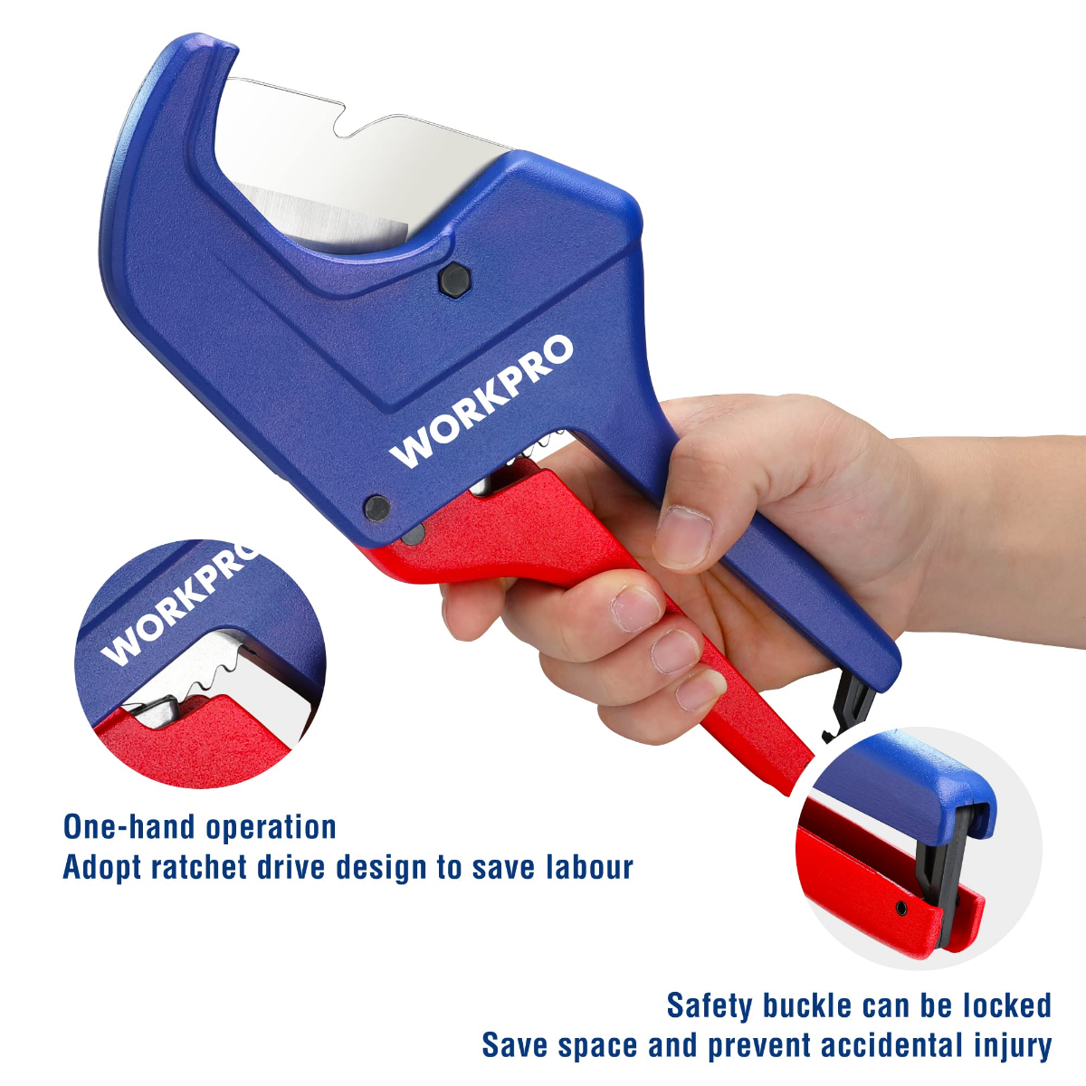 Hand holding blue ratchet pipe cutter with red handle and exposed cutting blade