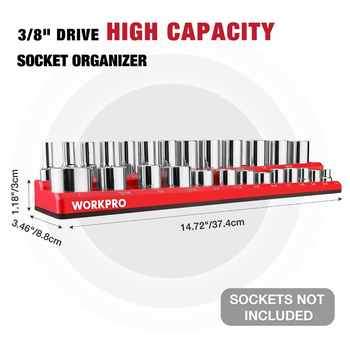 High-capacity magnetic socket organizer with chrome sockets on a red base