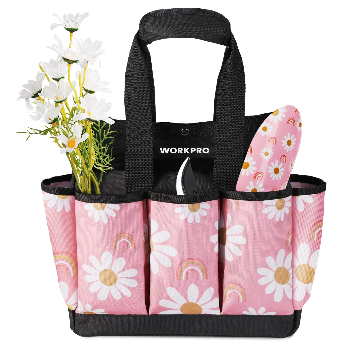 Floral pink garden tool tote bag with black handles and multi-pocket organizer panel