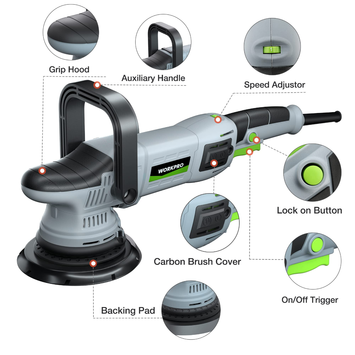 Dual action polisher with auxiliary handle, speed adjust dial, and on/off trigger